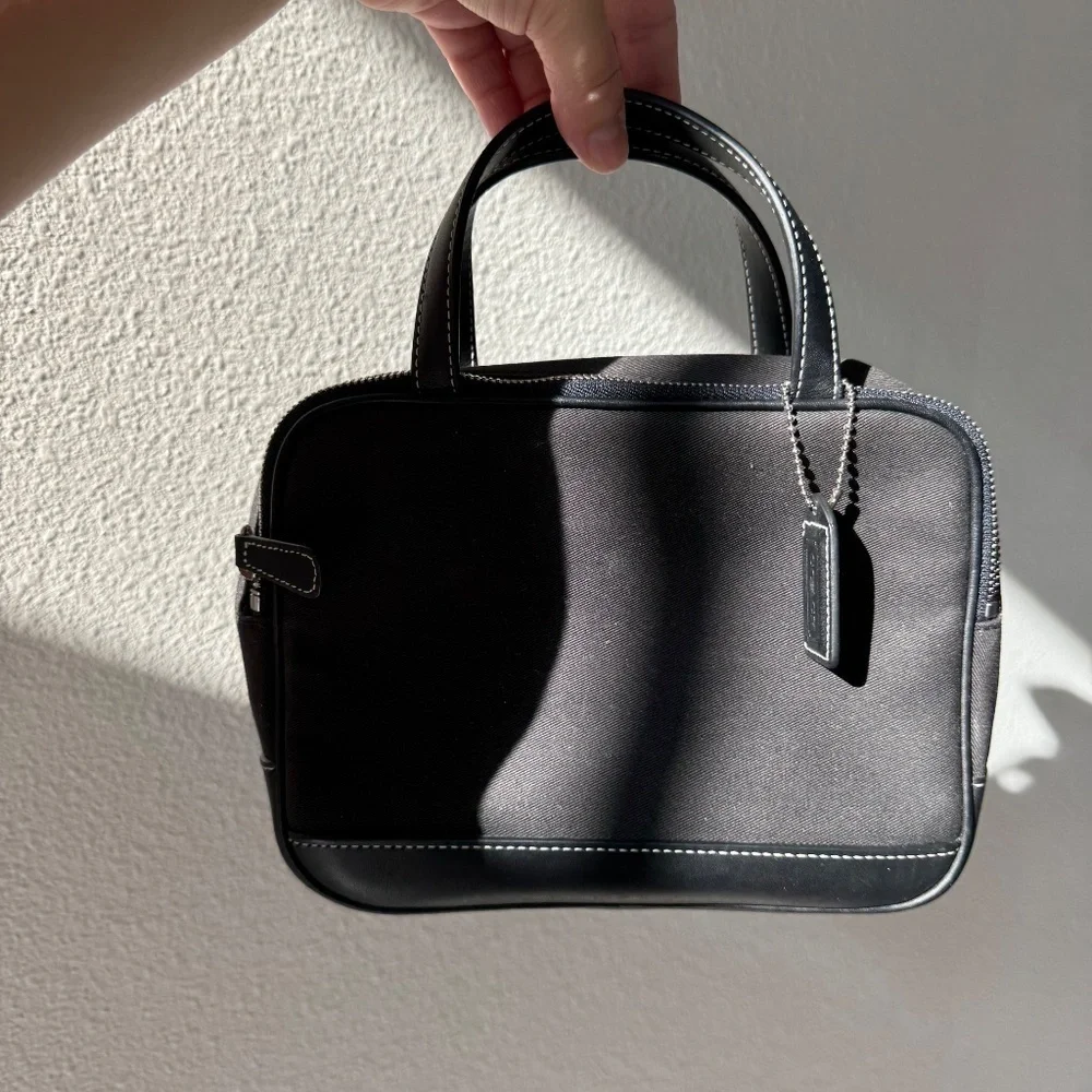 Coach Double Zipper Cosmetic Canvas and Leather Black Bag Purse
